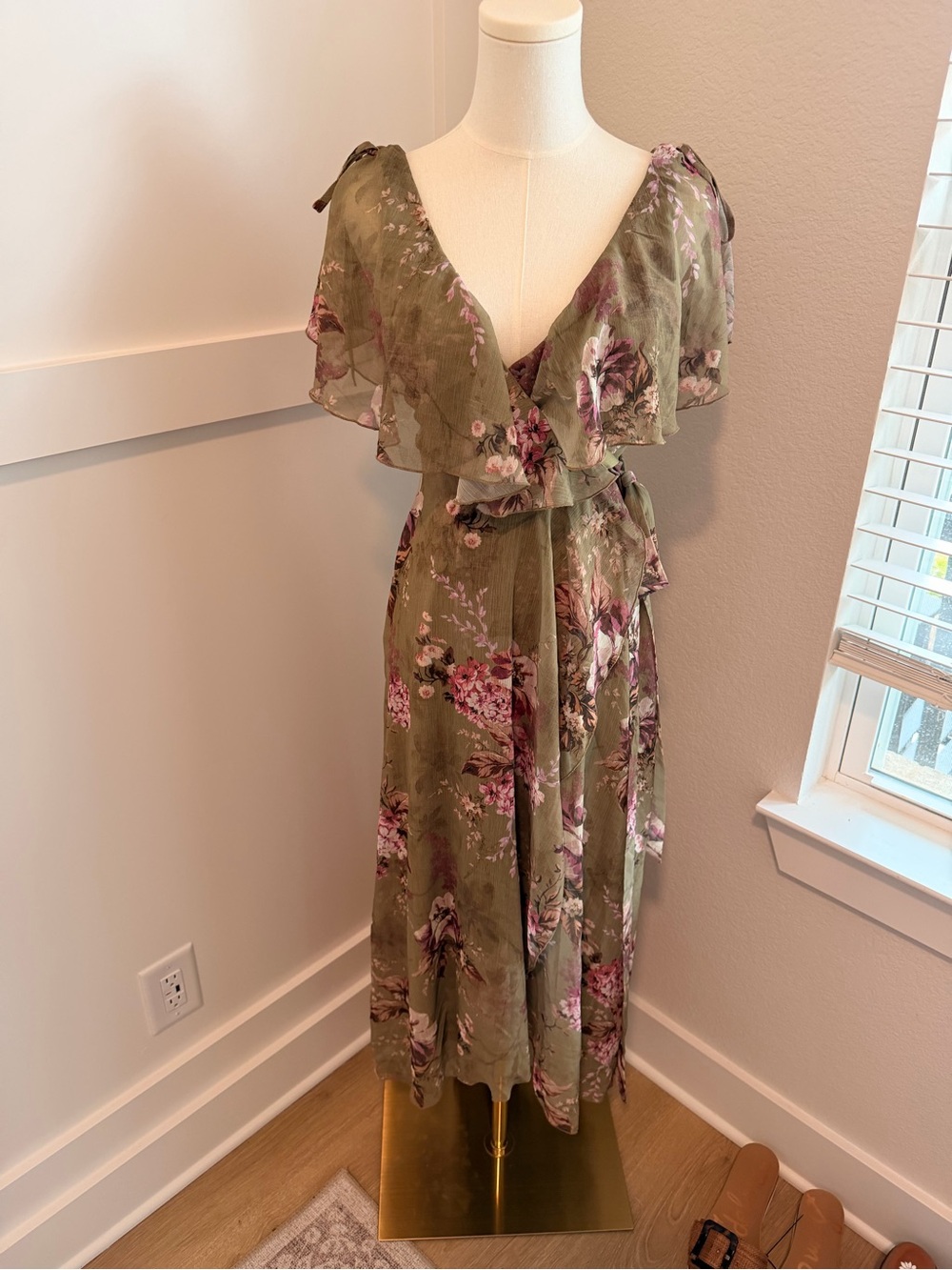 ASOS Olive Floral Ruffle Midi Dress